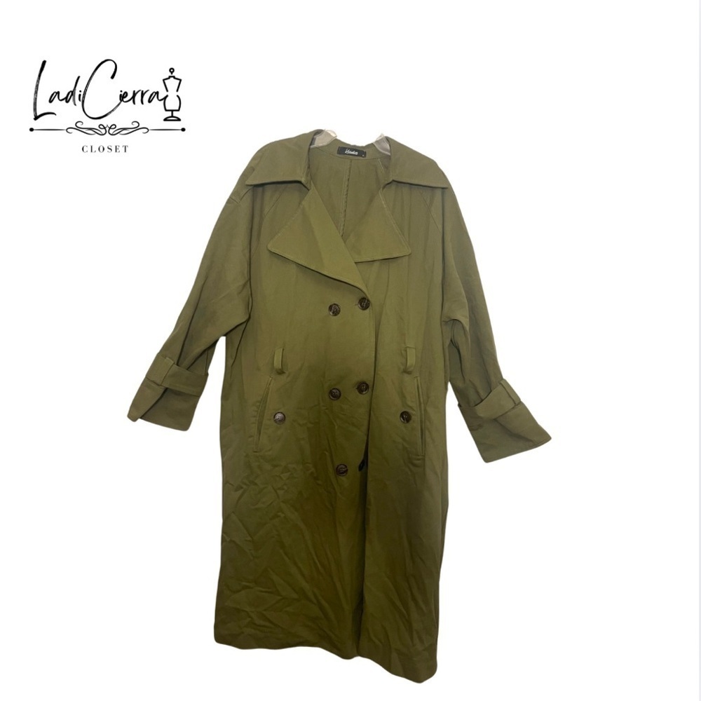 Green Full Length Women Long Sleeve Double breasted Trench Coat Rain Coat